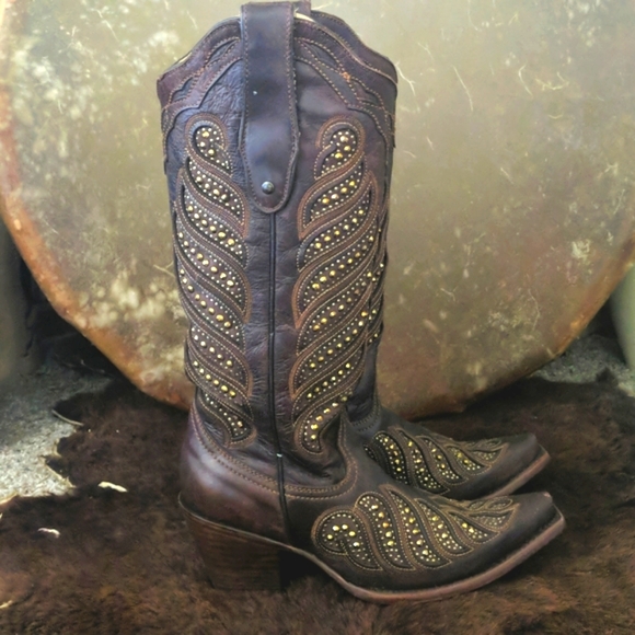 CORRAL C2878 brown leather & gold studded snip toe cowgirl western boots… - Picture 8 of 16